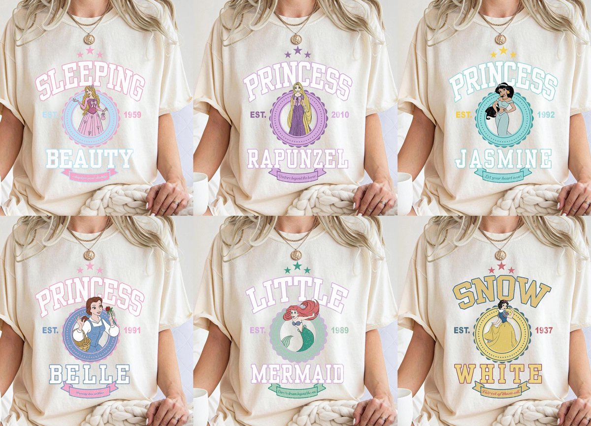 Disney Princess Comfort Colors Shirt Tiana Ariel Belle Rapunzel Tee